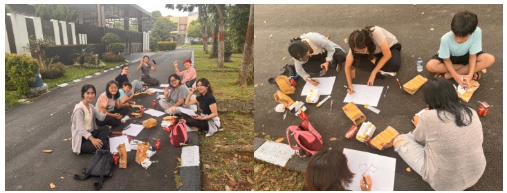 모여 앉아 점심을 먹으며 그림을 그리는 참가자들 (사진: 통신원 촬영)